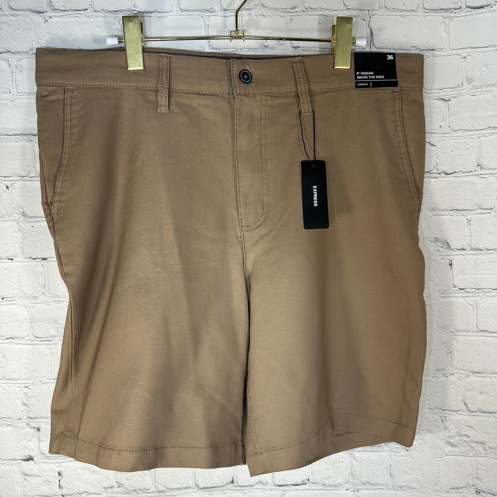 New Express Mens Dark Khaki Stretch Shorts 8 Inch Inseam Size 36 MEX615MM